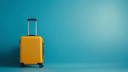 Fototapeta premium Yellow Suitcase on Blue Background Minimalist Travel Concept