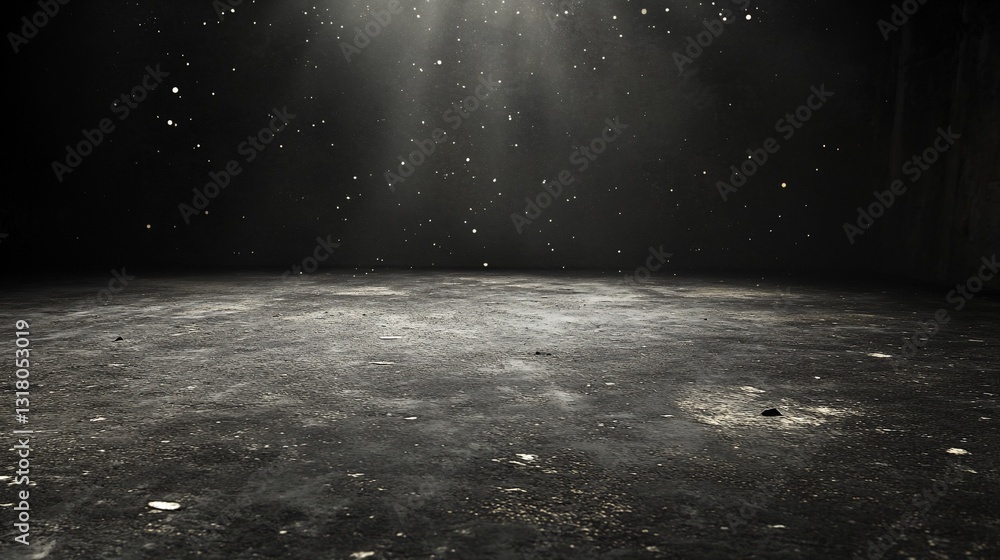 Poster dark mysterious abstract background: grungy texture with light beams and falling particles