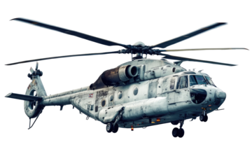 military helicopter in flight on transparent background