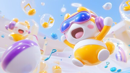 Fototapeta premium Cheerful Animated Characters Dancing and Celebrating with Music in a Colorful Bubble-filled Environment