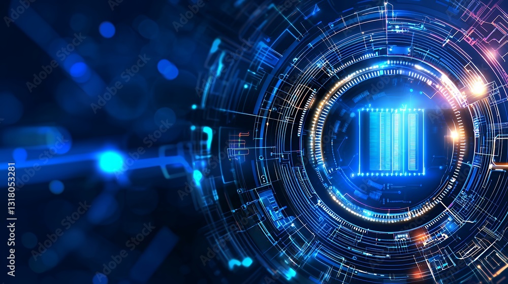 Poster abstract blue technology background with glowing circuits and artificial intelligence theme