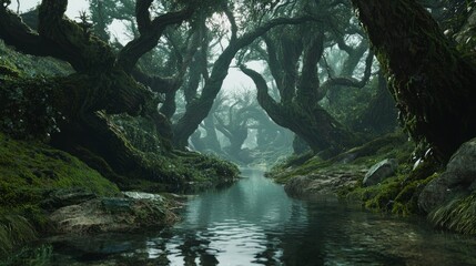 Serene Secluded Glen with Mossy Trees and Crystal Clear Water