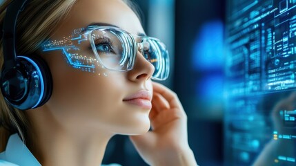 A focused individual wearing glasses and headphones interacts with a digital display, showcasing elements of technology and innovation.
