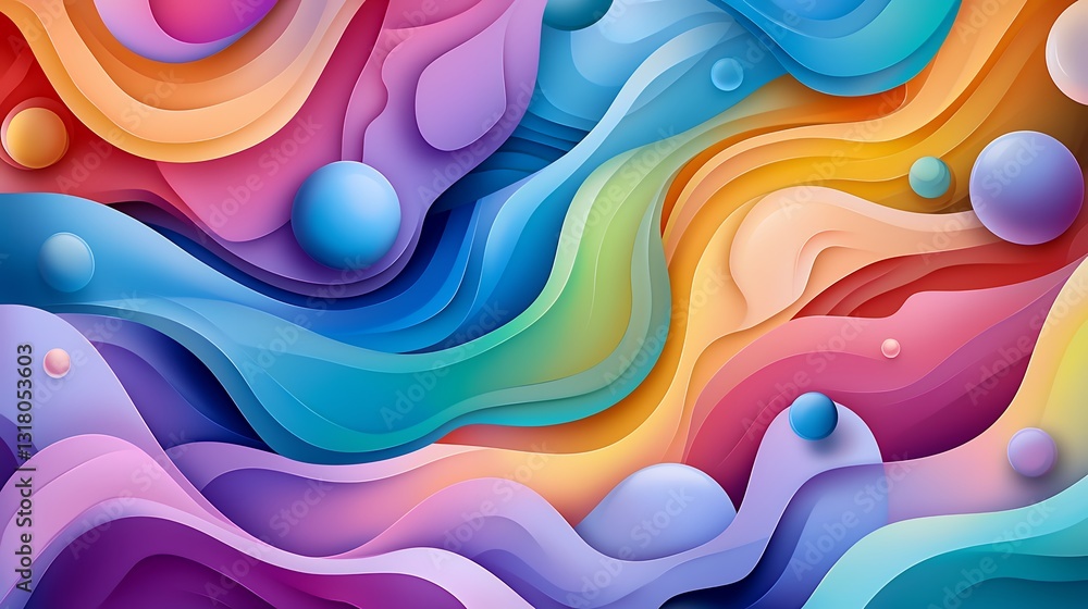 Poster abstract colorful waves and spheres on layered paper cut background in smooth rendering