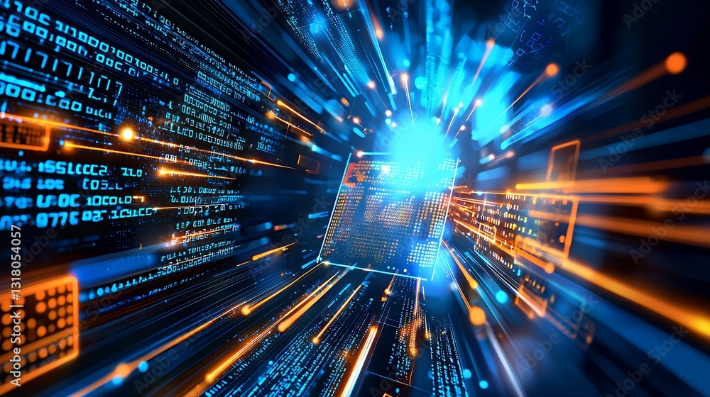 Poster abstract digital data stream with blue and orange binary code tunnel effect