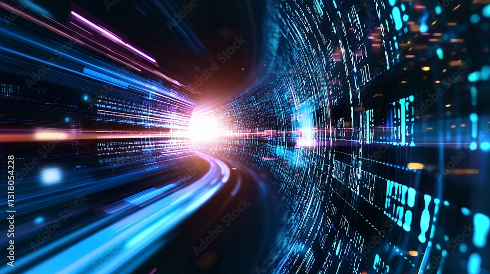 Poster abstract digital tunnel with blue data stream and speeding light effect