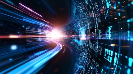 Obraz premium Abstract Digital Tunnel with Blue Data Stream and Speeding Light Effect
