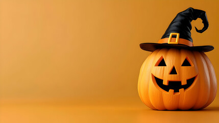 Halloween pumpkin witch hat orange background