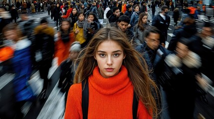 A young woman with long hair gazes directly at the camera, dressed warmly in an orange sweater, surrounded by a throng of people moving briskly through a busy city crosswalk.