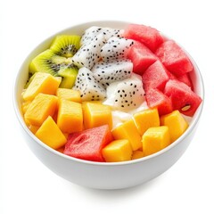 a colorful fruit salad in a white bowl.