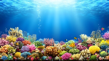 Fototapeta premium Vibrant Coral Reef Underwater with Sunlight Streaming Through Clear Blue Ocean Water