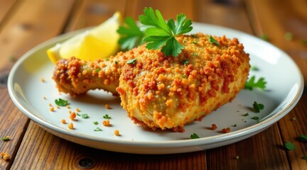 A crispy, golden-brown breaded chicken leg served on a plate with a lemon wedge and fresh parsley garnish