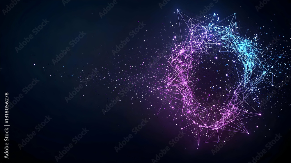 Poster abstract background with glowing particles in pink and blue against dark backdrop with bokeh effect