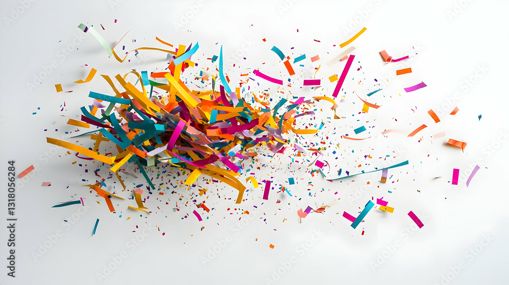 Poster Dynamic Explosion Of Colorful Paper Confetti And Streamers On A White Background With A 3D Effect