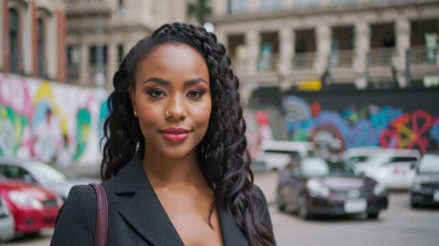 Confident Young African Woman in Urban Setting: Stylish Outfit and Natural Beauty with City Mural in the Background