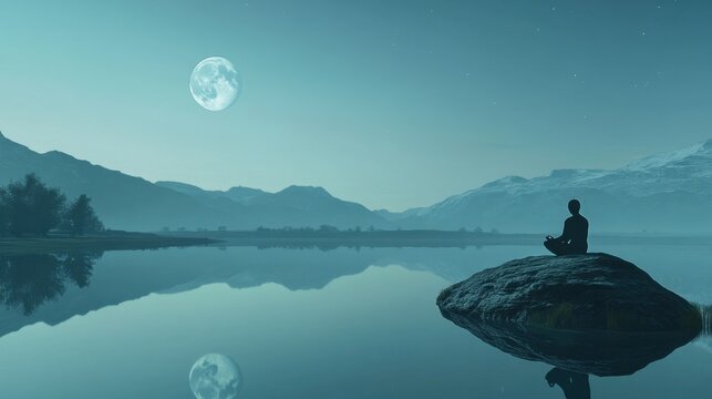 A serene lake reflecting the moon, with a figure meditating on a rock nearby.