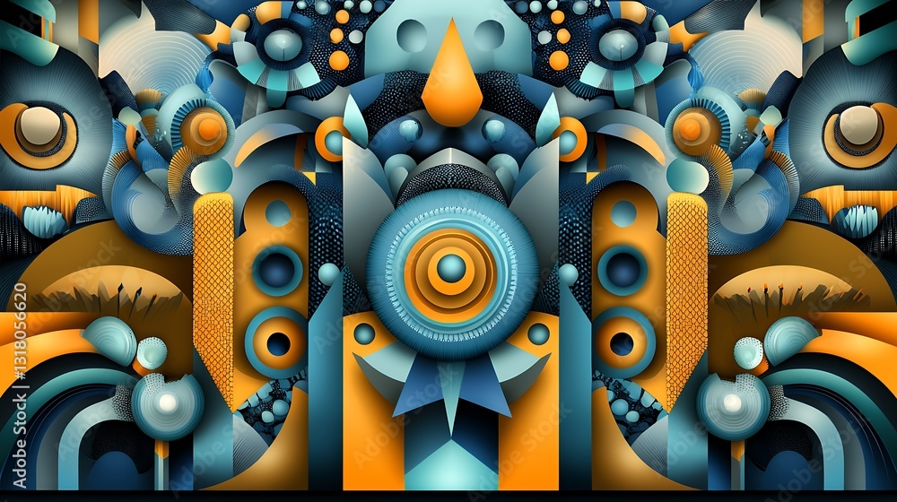 Poster vibrant geometric abstract design with intricate patterns in orange and teal color palette