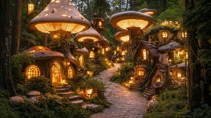 Fototapeta premium Enchanted Village with Glowing Mushrooms and Charming Houses