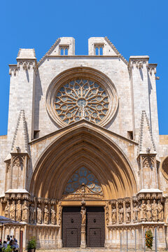 Close view of Tarragona cathedral main entrance with details of sculptures in summer, Tarragona, Catalonia, Spain