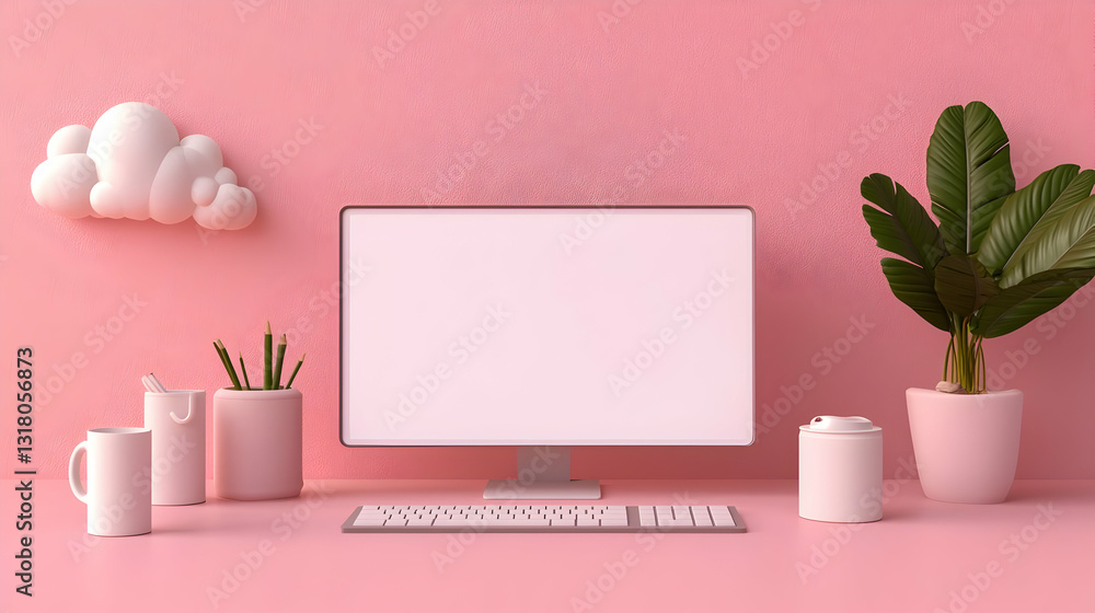 Poster pink minimalist workspace with blank computer screen keyboard and plants 3d render