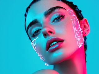 Close-up portrait of a person with neon pink and white abstract markings, futuristic artistic style