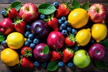 A vibrant collection of fresh, ripe fruits including apples, strawberries, lemons, plums, and blueberries, arranged artfully on a rustic wooden surface.