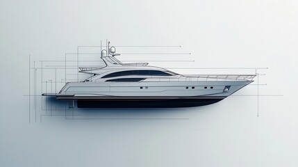 Minimalistic technical drawing of a yacht, focusing on sleek aerodynamic lines and hull engineering