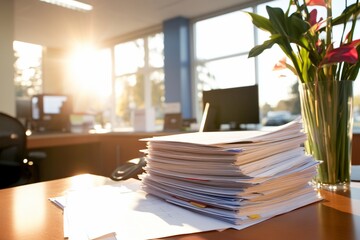 Overworked desk with a big pile of paper in a sunlit office for busy job
