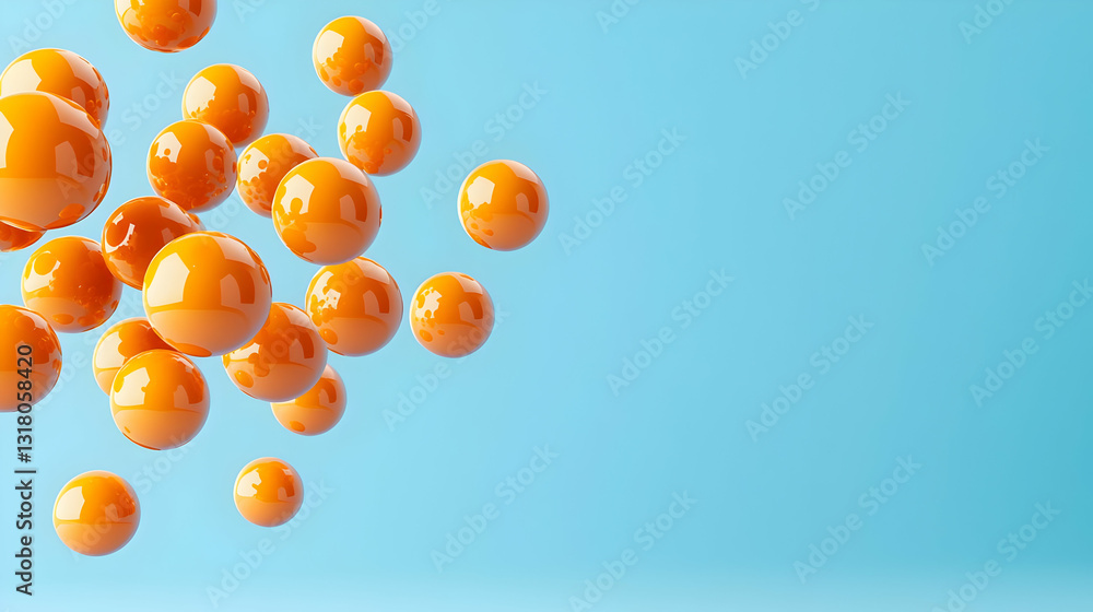 Poster glossy orange spheres floating against a soft blue background with 3d render effect