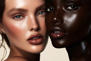 Two diverse models with radiant, glowing skin posing together for a skincare and beauty campaign, celebrating diversity and inclusion in the cosmetics industry