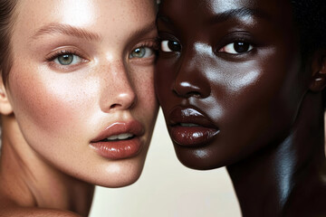 Two diverse models with radiant, glowing skin posing together for a skincare and beauty campaign, celebrating diversity and inclusion in the cosmetics industry