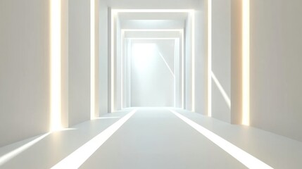 Bright white hallway with glowing lines and light rays.