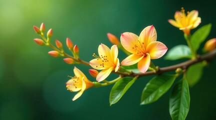 Delicate yellow blossoms on a vibrant green branch, showcasing nature's gentle beauty and the elegance of springtime flora
