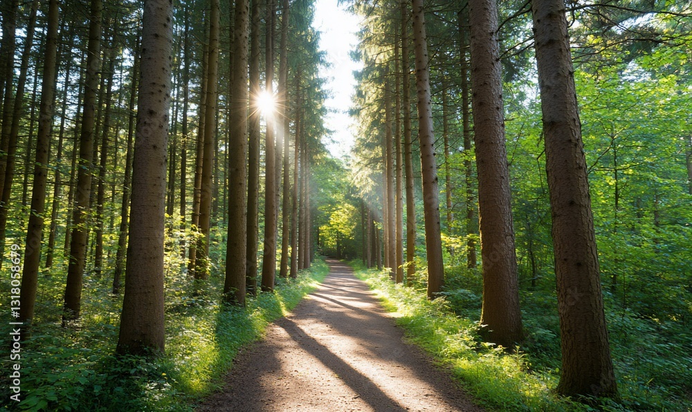 Poster sunlight filters down a path in the forest; nature, serenity; background use
