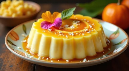 A delectable creamy custard dessert, adorned with a vibrant floral garnish and a rich caramel sauce, rests elegantly on a patterned plate.