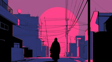 Art Nouveau City Pop, vibrant young woman strolling in a tranquil dawn street, glowing streetlights, bold outlines, geometric style, warm color palette, peaceful atmosphere