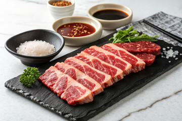 Luxurious Korean Hanwoo Beef BBQ Platter with Fresh Ingredients and Dipping Sauces