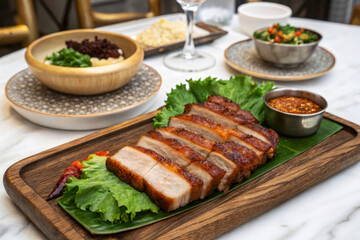 Upscale Korean Samgyeopsal Pork Served with Fresh Vegetables and Dipping Sauce on a Wooden Platter