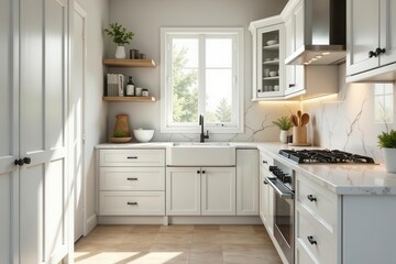 Fototapeta premium Bright and airy kitchen design with white cabinets, farmhouse sink, and quartz countertops