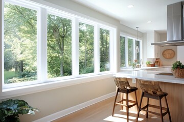 Fototapeta premium Sunny kitchen view through the window to green trees. Interior design stock
