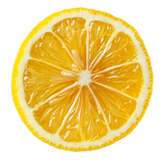 A textured ripe slice of lemon showcasing vibrant yellow color and intricate details from a top view perspective, Top view of textured ripe slice of lemon citrus fruit isolated on transparent