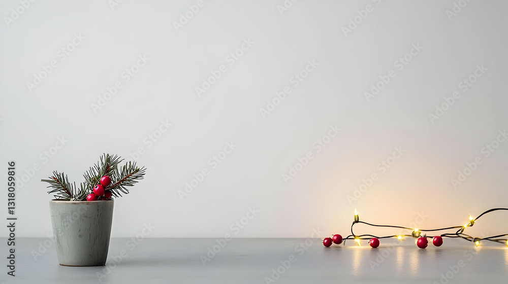 Poster minimalist christmas scene with red berries in a grey pot and string lights on a grey table with a s