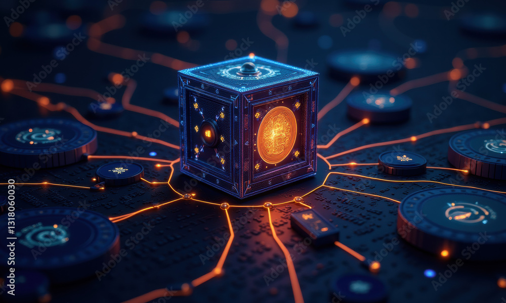 Poster futuristic tech cube network data server - cyberpunk aesthetics