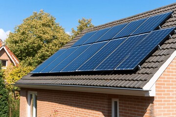 Fototapeta premium Solar panels on a rooftop of a brick house with a tree, alternative energy