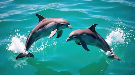 Fototapeta premium Playful Dolphins Leaping and Swimming in Crystal-Clear Ocean Water, Creating a Spectacular Underwater Scene of Grace and Energy