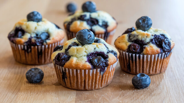 Freshly baked blueberry muffins with a golden brown crust, infused with melted blueberries, placed on a light wooden table, creating a delicious and appetizing homemade baked goods scene. 