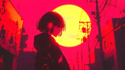 Art Nouveau City Pop, a vibrant illustration of a young woman strolling through a tranquil park at dusk, featuring bold outlines, solid colors, and a relaxing color palette.