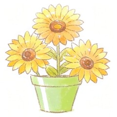 Obraz premium A sunflower plant in a green pot. The sunflowers are bright yellow with a rich, brown center, and the green pot complements the overall color scheme. 