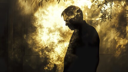 Pensive Man in Golden Smoke: A Surreal and Evocative Image