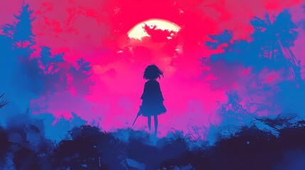 Fototapeta premium Art Nouveau Anime Aesthetic, a young woman strolls through a misty forest at dawn, featuring bold outlines, solid colors, and a cool, mysterious palette with geometric design.